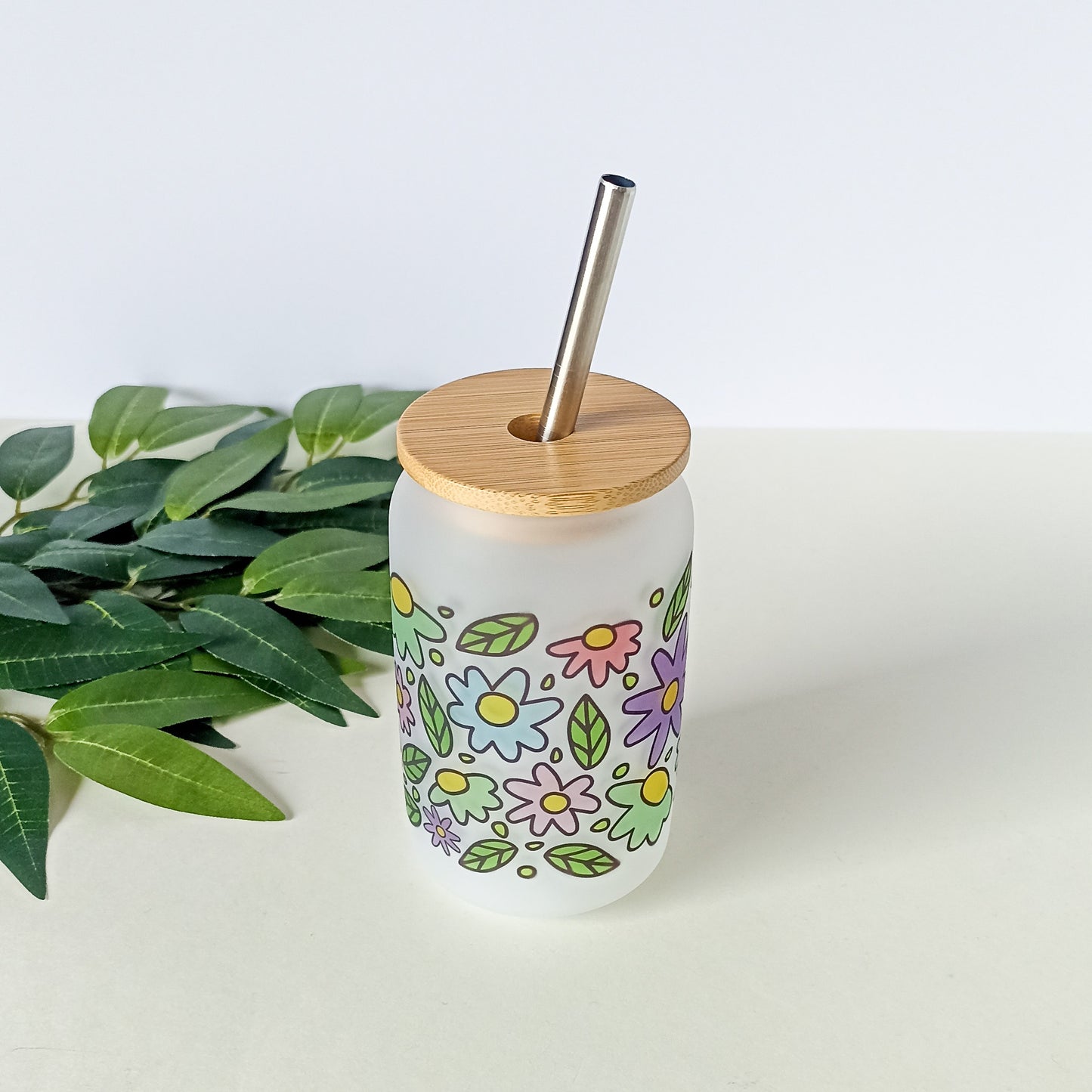 Verre avec paille - Fleurs