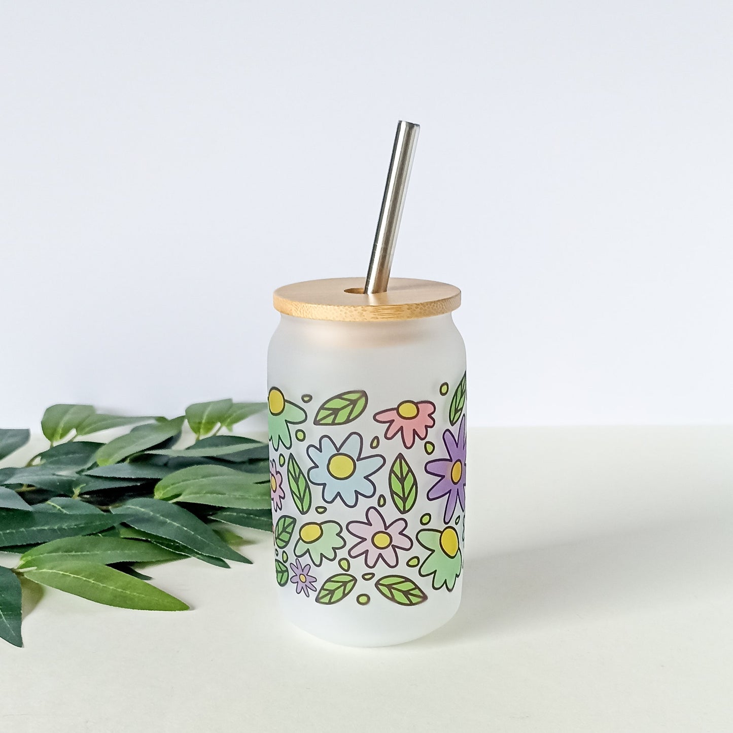 Verre avec paille - Fleurs